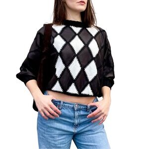 Vintage Anna Maria Brown Leather Patchwork Argyle Relaxed Fit Top